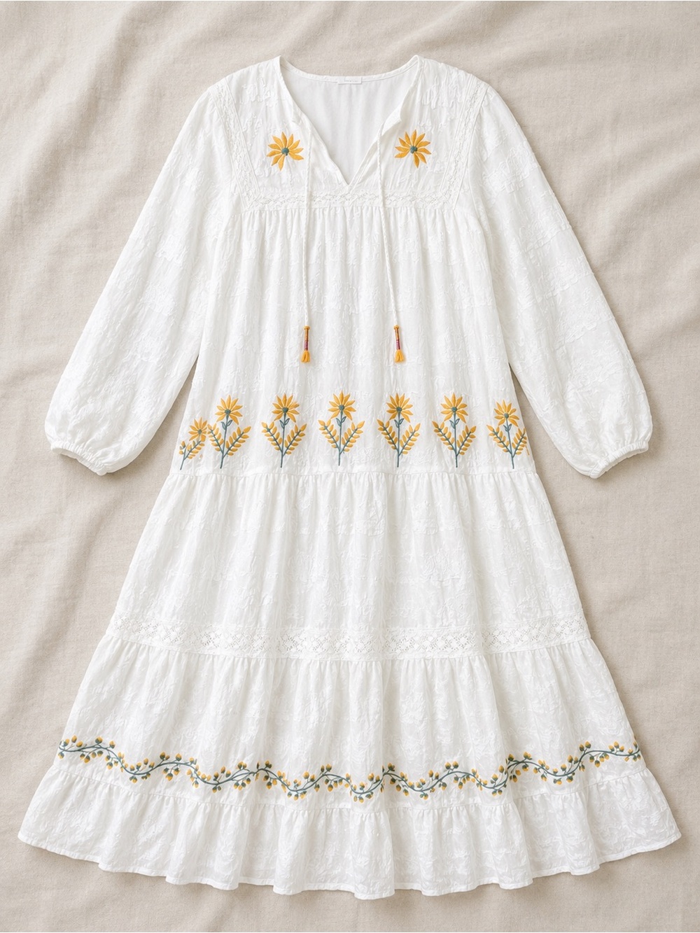 Zara Embroidered Floral Textured Boho Midi Dress White Size Medium Cottagecore